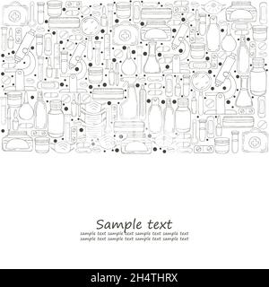 Bannière colorante.Kit d'outils de médecin assistant de laboratoire en forme de dessin à la main.Outils d'analyse, recherche de virus.Mallette de médecin, microscope, outils Illustration de Vecteur