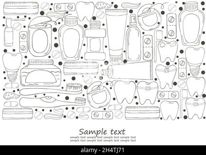 Bannière de couleur rectangulaire.Ensemble d'éléments pour le soin de la cavité buccale en dessinent à la main.Nettoyage des dents, santé dentaire.Dents, fil dentaire, brosse, p Illustration de Vecteur
