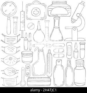 Coloriage Collection d'illustrations vectorielles.Kit d'outils de médecin assistant de laboratoire en forme de dessin à la main.Outils d'analyse, recherche de virus.Cas du médecin, à Illustration de Vecteur