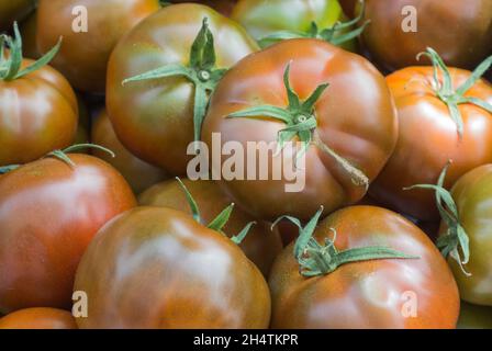 Tomates en démonstration sur le marché agricole Banque D'Images