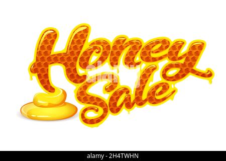 Inscription au miel.Vente de miel.Écrit par le miel liquide qui coule sur un fond transparent. Illustration de Vecteur