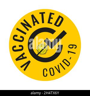 Vaccin COVID-19.Étiquette d'annonce d'informations sur la vaccination.Timbre jaune de vaccination.Logo de symbole abstrait sous forme de seringue plate. Illustration de Vecteur