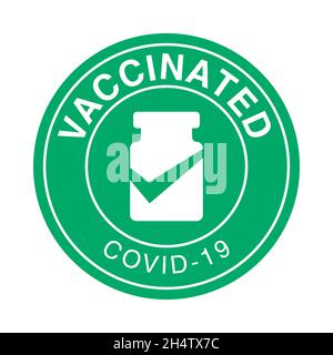 Vaccin COVID-19.Étiquette d'annonce d'informations sur la vaccination.Timbre vert de vaccination.Logo abstrait sous forme de flacon de vaccin plat. Illustration de Vecteur