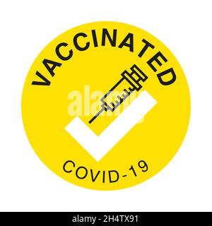 Vaccin COVID-19.Étiquette d'annonce d'informations sur la vaccination.Timbre jaune de vaccination.Logo de symbole abstrait sous forme de seringue plate.Stiker Illustration de Vecteur