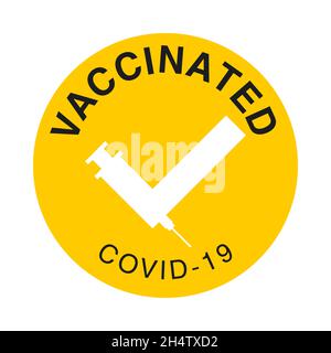 Vaccin COVID-19.Étiquette d'annonce d'informations sur la vaccination.Timbre jaune de vaccination.Logo de symbole abstrait sous forme de seringue plate.Stiker Illustration de Vecteur