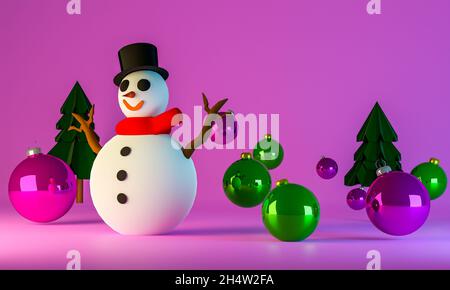 Rendu 3D représentant une scène de Noël avec un bonhomme de neige avec des boules et des arbres autour Banque D'Images