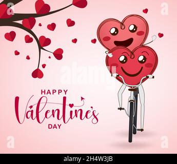 Motif vectoriel de message d'accueil pour couple de Saint-Valentin.Joyeux Saint Valentin texte typographique avec les amoureux du coeur smiley équitation élément vélo pour le coeur romantique jour Illustration de Vecteur