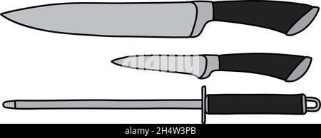 L'illustration vectorielle d'un ensemble de couteaux de cuisine avec un acier aiguisteur Illustration de Vecteur
