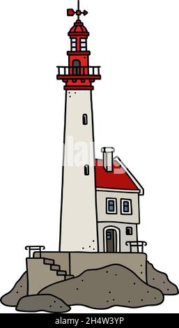 Le dessin à la main vectorisé d'un vieux phare en pierre drôle Illustration de Vecteur