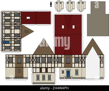 Modèle en papier d'une ancienne maison à colombages Illustration de Vecteur