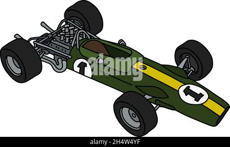 Le dessin à la main vectorisé d'un raton laveur rétro vert et jaune de formule un Illustration de Vecteur