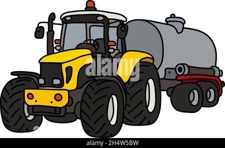 Dessin à la main d'un tracteur lourd jaune avec une remorque-citerne en acier Illustration de Vecteur