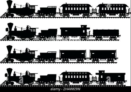 Silhouettes noires de trains à vapeur américains sauvages d'époque Illustration de Vecteur