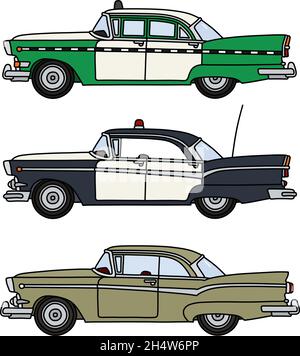 Le dessin à la main vectorisé de trois vieilles voitures américaines drôles Illustration de Vecteur