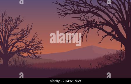 Panorama des montagnes avec une silhouette d'arbre sèche fantastique de la banlieue au crépuscule.Illustration vectorielle d'une ville Illustration de Vecteur