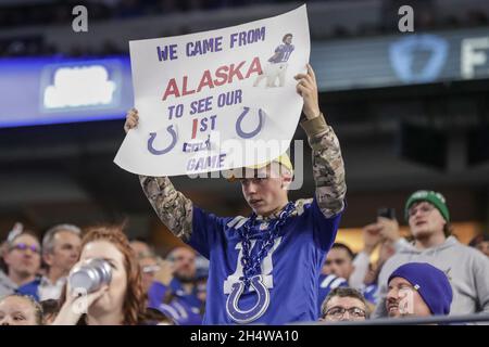 Indianapolis, Indiana, États-Unis.4 novembre 2021.Un fan des Indianapolis Colts affiche un panneau pendant le match entre les New York Jets et les Indianapolis Colts au Lucas Oil Stadium, Indianapolis, Indiana.(Image de crédit : © Scott Stuart/ZUMA Press Wire) Banque D'Images