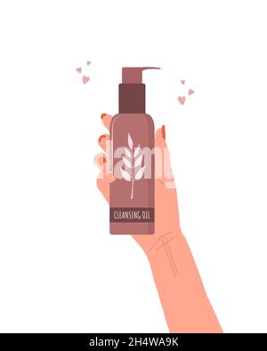 Concept de soins de la peau.La main femelle tient le tube d'huile de nettoyage en profondeur.Routine du matin.Retrait du maquillage de visage.Produit de beauté dessiné à la main.Illustration vectorielle Illustration de Vecteur