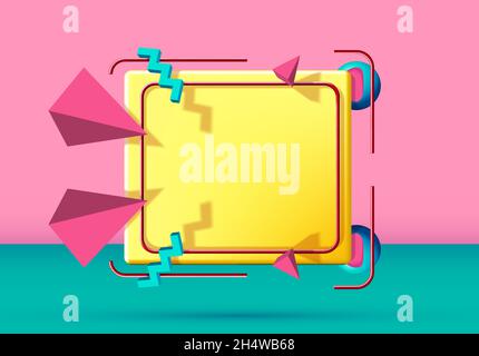 Cadre abstrait de style 90 avec objets et formes 3d volants.Arrière-plan rose et vert. Illustration de Vecteur