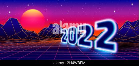 2022 panneau néon pour les années 80 style rétro célébration de la Saint-Sylvestre avec jeu d'arcade grille paysage et soleil rouge. Illustration de Vecteur
