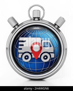 Fourgon de livraison et marqueur de navigation sur le globe à l'intérieur du chronomètre.Illustration 3D. Banque D'Images