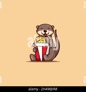 illustration vectorielle. un adorable petit loutre qui profite de son pop-corn. style dessin animé plat. Illustration de Vecteur