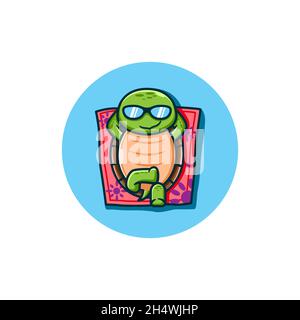 illustration vectorielle. une jolie tortue se détendant avec ses lunettes sur le tapis. dessin animé et style animal. Illustration de Vecteur