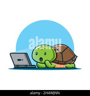 illustration vectorielle.une jolie tortue regardant un film sur l'ordinateur. logos de types de dessins animés et de personnages animaux. Illustration de Vecteur