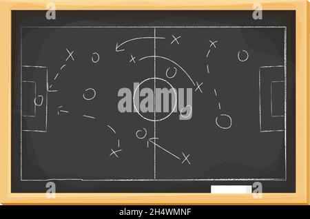 Football, jeu de football tactique, stratégie avec les joueurs de football et les flèches sur tableau noir dans le style de dessin animé isolé sur fond blanc.Te Illustration de Vecteur