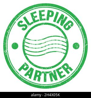 Texte « SLEEPING PARTNER » inscrit sur l'étiquette postale ronde verte Banque D'Images