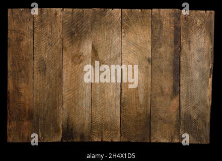 Arrière-plan en bois provenant de vieux planches abîmés, isolé sur le noir. Banque D'Images