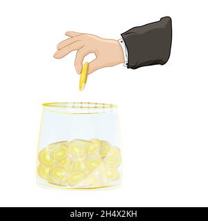 Main d'homme d'affaires mettant la pièce de monnaie dorée dans la banque de verre isolée sur fond blanc.sauver des pièces dans pot.compte de dépôt ou compte budget concept.Vector Illustration de Vecteur