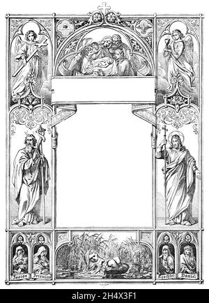 Couverture ou livre cadre de la veste avec les saints, les prophètes, la scène de la Nativité et le bébé Moïse.Bible, ancien et nouveau testament.Ancien dessin antique Banque D'Images