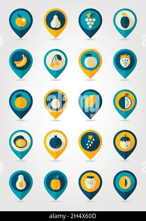 Icônes de punaises de cartographie de fruits avec une ombre longue, eps 10 Illustration de Vecteur