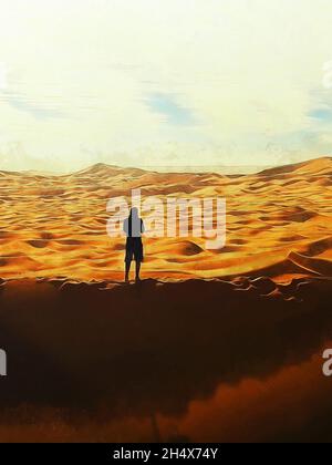 Homme sur le fond du désert.Dunes de sable.Travail artistique Banque D'Images