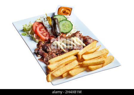 Vue en tête de Gyros pitta sur la plaque.Isolé sur blanc avec un masque Banque D'Images