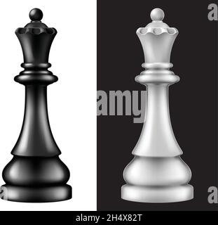 Pièce d'échecs Queen, deux versions - blanc et noir.Illustration vectorielle au réalisme photographique. Illustration de Vecteur