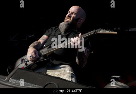 Scott Ian d'Anthrax se produit sur scène le jour 3 au Bloodstock Open Air Festival 2013 à Catton Hall le 11 août 2013. Banque D'Images