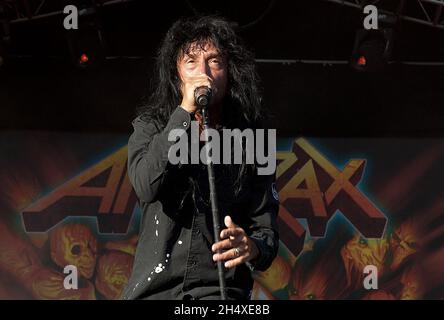 Joey Belladonna d'Anthrax se produit sur scène le jour 3 au Bloodstock Open Air Festival 2013 à Catton Hall le 11 août 2013. Banque D'Images