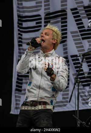 Spider One de Powerman 5000 en direct sur scène le 1er jour du festival Downnload le 13 juin 2014 au parc Donington. Banque D'Images