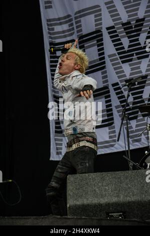 Spider One de Powerman 5000 en direct sur scène le 1er jour du festival Downnload le 13 juin 2014 au parc Donington. Banque D'Images