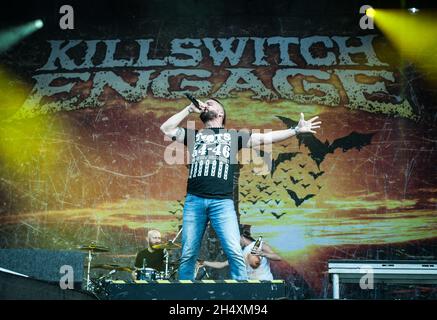 Jesse Leach de Killswitch s'engage en direct sur scène le deuxième jour au Download Festival du 14 juin 2014 - Donington Park Banque D'Images