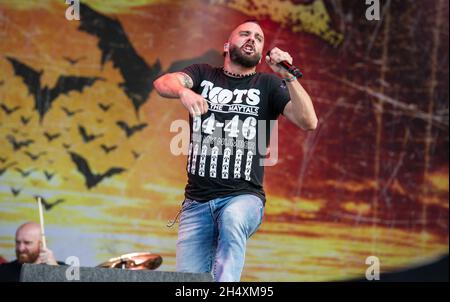 Jesse Leach de Killswitch s'engage en direct sur scène le deuxième jour au Download Festival du 14 juin 2014 - Donington Park Banque D'Images