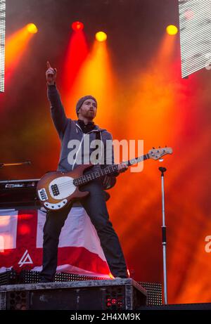 De Linkin Park Live sur scène le deuxième jour au Download Festival le 14 juin 2014 - Donington Park Banque D'Images