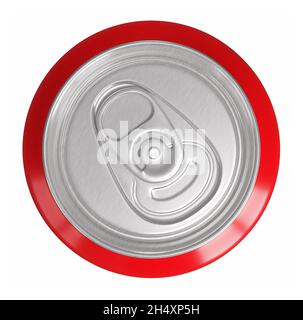 Boîte à boissons en aluminium rouge entièrement métallique isolée sur fond blanc, vue de dessus.Modèle de maquette pour votre conception.Rendu 3D. Banque D'Images