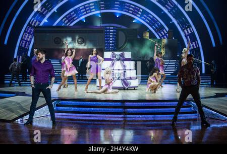 La troupe entière de Strictly Come Dancing Live Tour se présentant sur scène pendant la séance photo à la Barclaycard Arena avant la soirée d'ouverture le jeudi 21 janvier 2016 à Birmingham, Royaume-Uni Banque D'Images