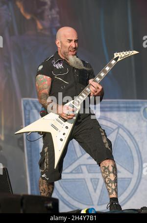 Scott Ian, d'Anthrax, se présentant en direct sur scène au festival Bloodstock le 14 2016 août à Catton Hall, au Royaume-Uni. Banque D'Images