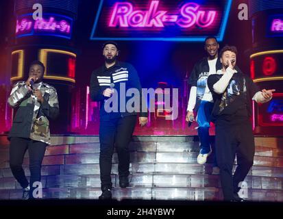 Rak-su joue en direct sur scène lors de la visite en direct de X Factor à la Genting Arena de Birmingham, au Royaume-Uni.Date de la photo: Dimanche 25 février 2018.Crédit photo : Katja Ogrin/ EMPICS Entertainment. Banque D'Images