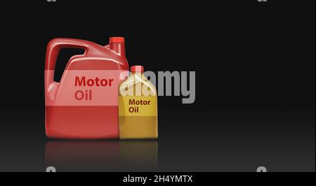 Gallon d'huile moteur isolé avec un espace de copie horizontal sur fond noir, chemin d'écrêtage Banque D'Images
