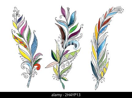 Plumes fleuries dessinées à la main aquarelle sur fond blanc Illustration de Vecteur
