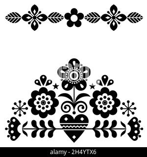 Carte de vœux scandinave mignon folk vector noir et blanc avec fleurs, motif floral d'automne inspiré de la broderie traditionnelle de Suède Illustration de Vecteur